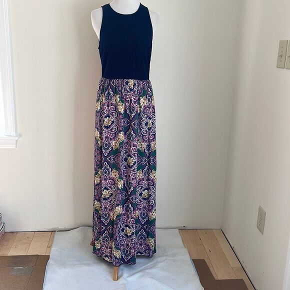 Multicolored maxi dress blue textured top part with slip underneath - Picture 1 of 8
